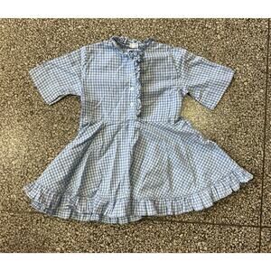 Vintage 60s 70s Girls Gingham Plaid Dress Blue White Ruffles Cottage Cotton 5